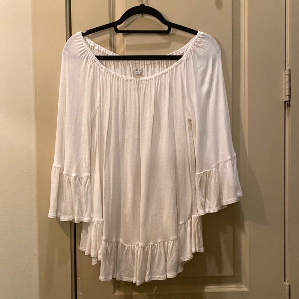 Off-shoulder, long-sleeve beige top